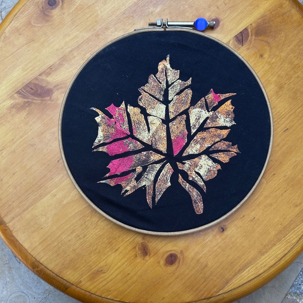 Vintage Maple Leaf Hoop Art Wall Hanging Gold Metallic Canvas Fall Decor 8 Inch